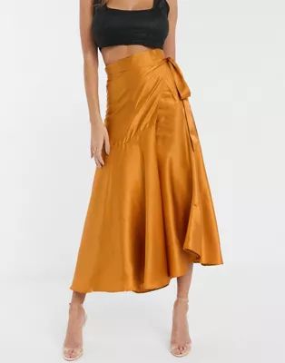 Unique 21 ruffle satin wrap skirt in rust | ASOS EE