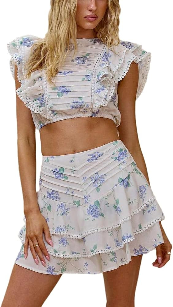 Skirt Set Two Piece Sets for Women Floral Print Ruffled Crop Tops with Layered Mini Skirts Vacati... | Amazon (US)