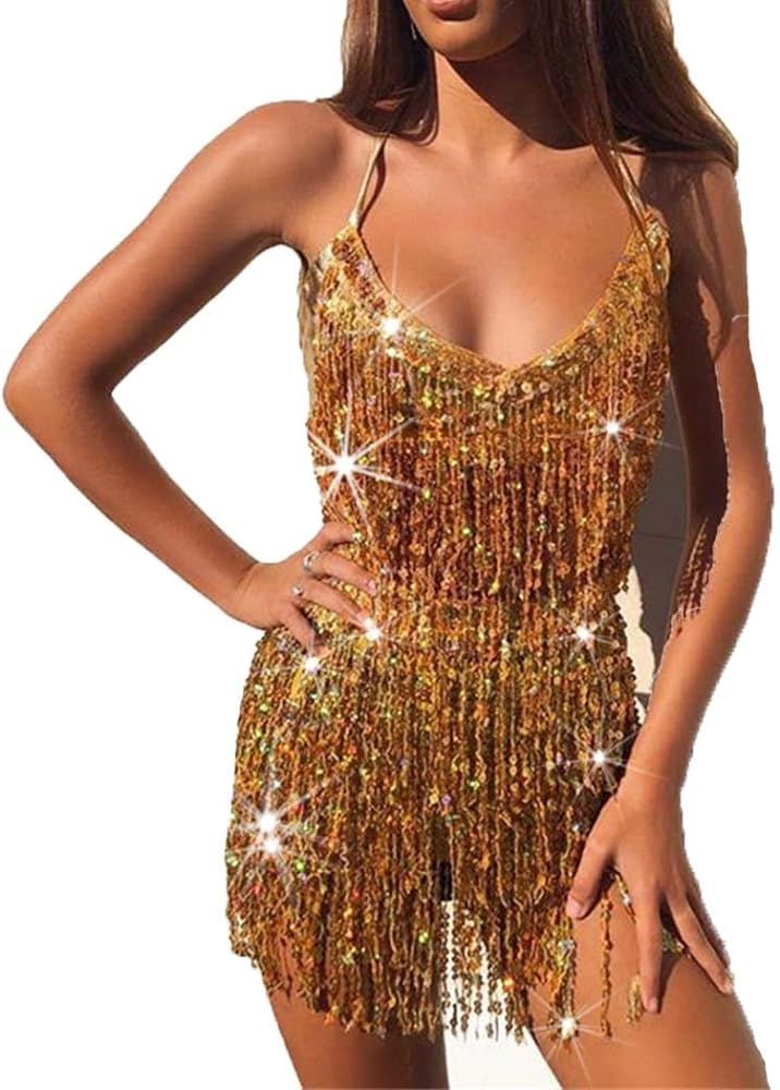 EARENT Belly Dance Hip Skirt with Bra Top Sequins Tassel Hip Scarf Rave Party Costume for Women | Amazon (US)