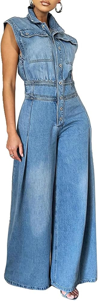Tbahhir Women's Denim Jumpsuits Sleeveless High Waisted Wide Leg Jean Rompers Pockets Overalls Ju... | Amazon (US)