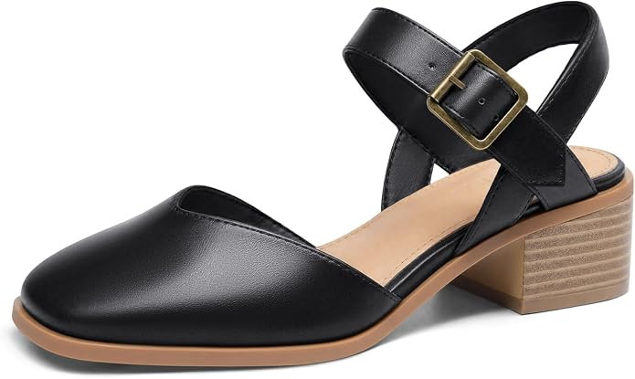 Coutgo Womens Chunky Low Heels Closed Toe Vintage Pumps Adjustable Ankle Strap Dress Shoes | Amazon (US)