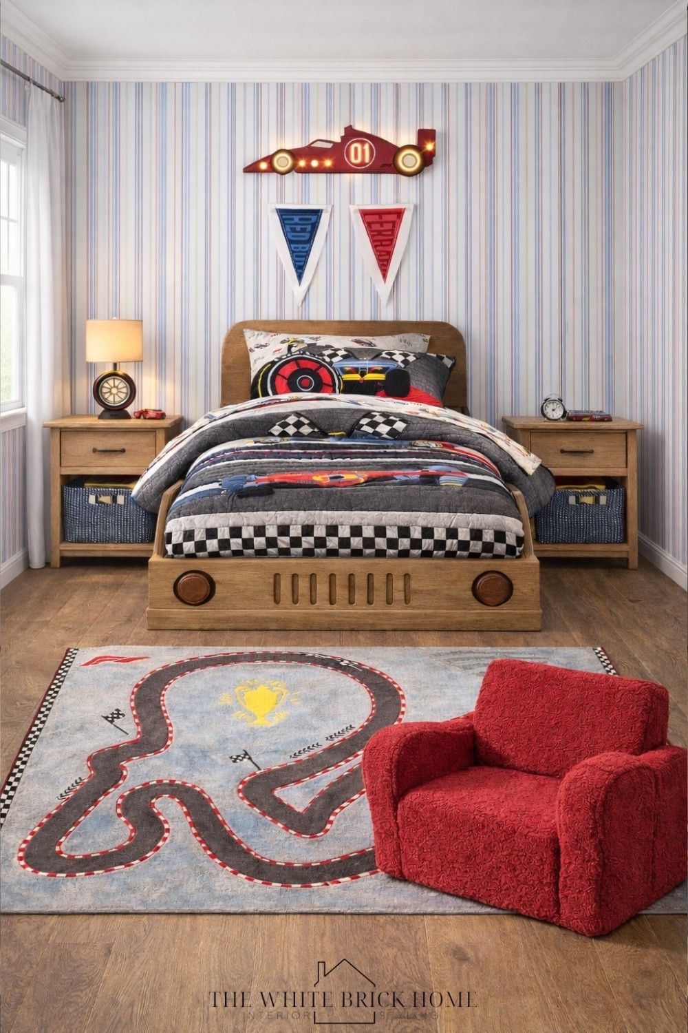 A playful yet polished racing inspired bedroom that pairs classic striped wallpaper with fun, graphic details for a room full of imagination. 

Boys room, boys bedroom, toddler boy, toddler bedroom, kids bedroom, racing bedroom, car bedroom, race car bedroom, f1, f1 bedroom, boys room bed, boys room rug, boys room chair, boys room decor, boys room wallpaper, boys room lighting, boys room ideas, home decor, home design, bedroom design, kids bedroom design, pottery Barn kids, Wayfair 

#LTKHome #LTKSaleAlert #LTKKids