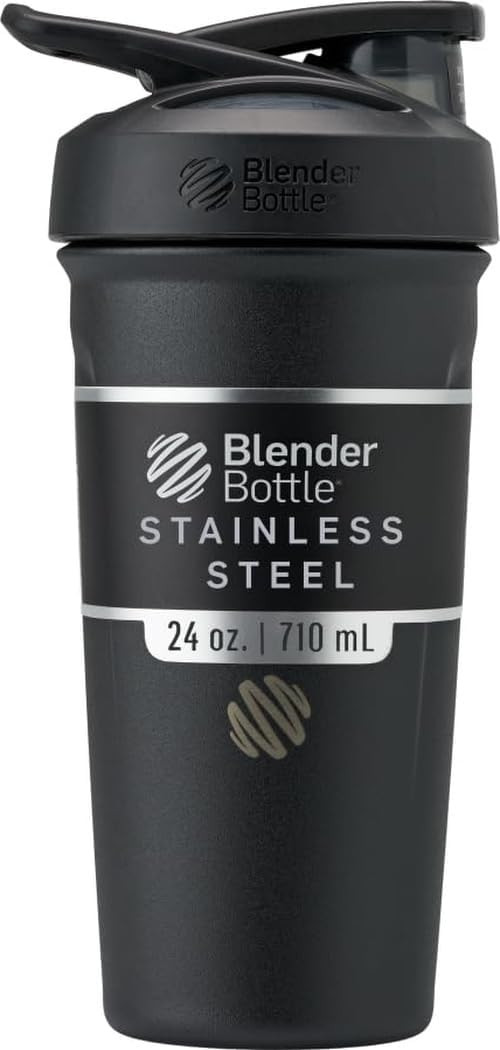 BlenderBottle Strada Shaker Cup Insulated Stainless Steel Water Bottle with Wire Whisk, 24-Ounce, Black | Amazon (US)