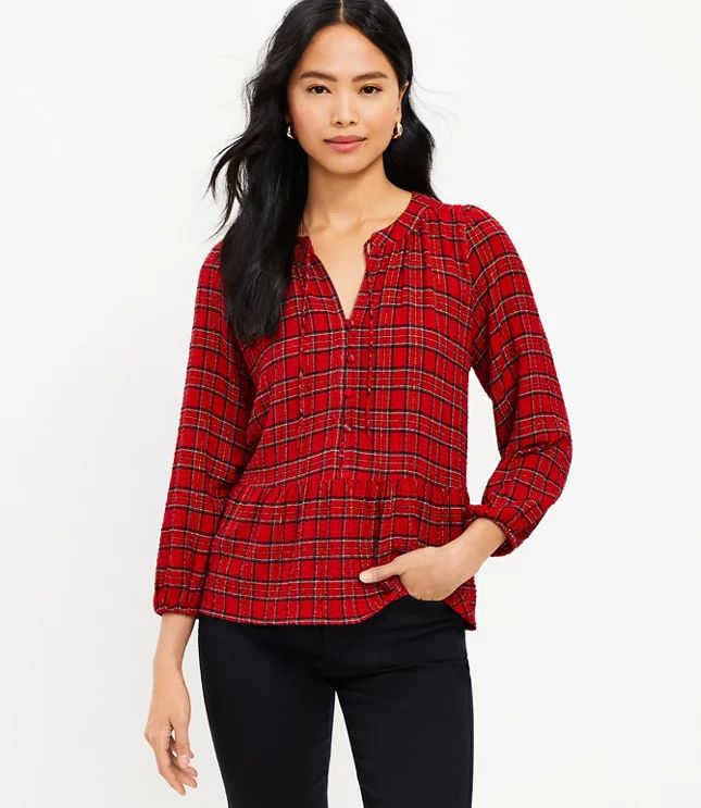 Shimmer Plaid Tie Neck Peplum Blouse | LOFT