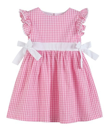Light Pink Gingham Bow-Accent Angel-Sleeve A-Line Dress - Infant, Toddler & Girls | Zulily