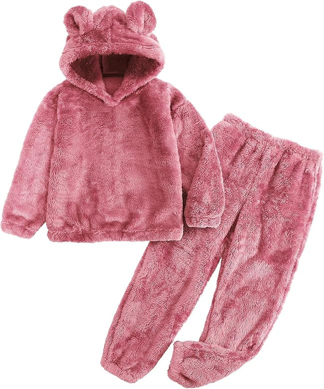 Flygo Girls Fuzzy Pants Set Crop Hoodie Bear Ear Two Piece Outfits Fluffy Sweatshirt and Fleece P... | Amazon (US)