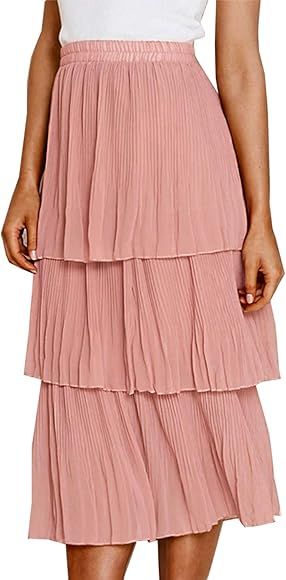 Women’s Elegant Chiffon Solid High Waist Layered Pleated A-Line Midi Swing Skirt | Amazon (US)