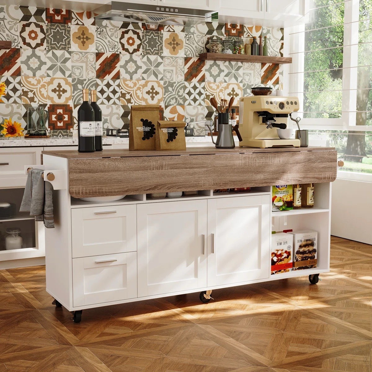 Enjoy spacious countertops for cooking with a 63"W Kitchen Island With Leaf And Wheel. This beautiful kitchen island is under $350.

Keywords: Kitchen, kitchen island, kitchen refresh, home refresh 

#LTKSeasonal #LTKHome #LTKdayinmylife