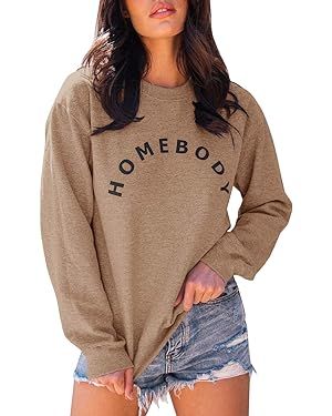 FISACE Womens Graphic Sweatshirt Crew Neck Solid Color Long Sleeve Casual Loose Letter Pullover T... | Amazon (US)