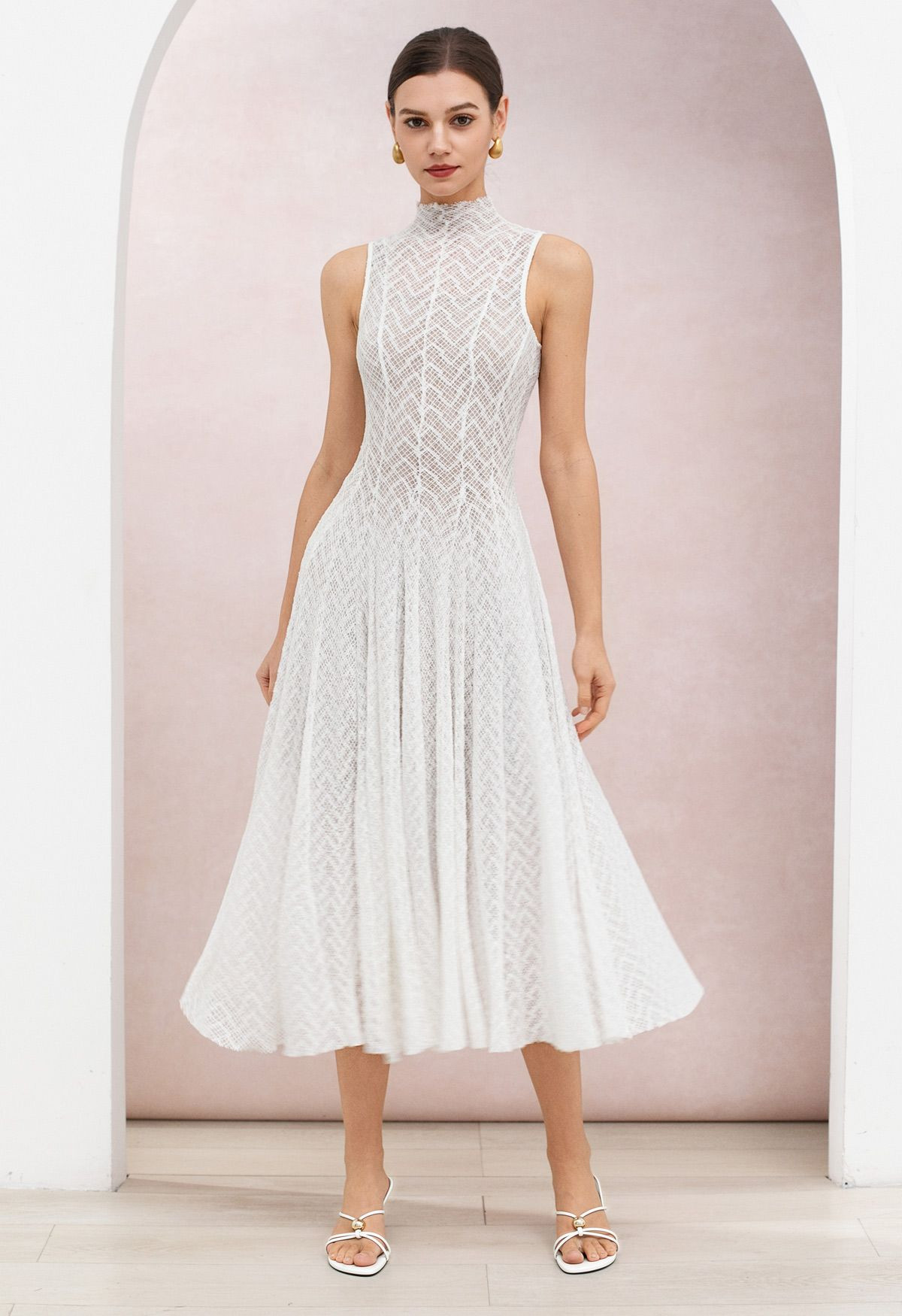 Lace Wavy Mock Neck Sleeveless Mesh Dress in White for Bridal Events & Date Night | Chicwish