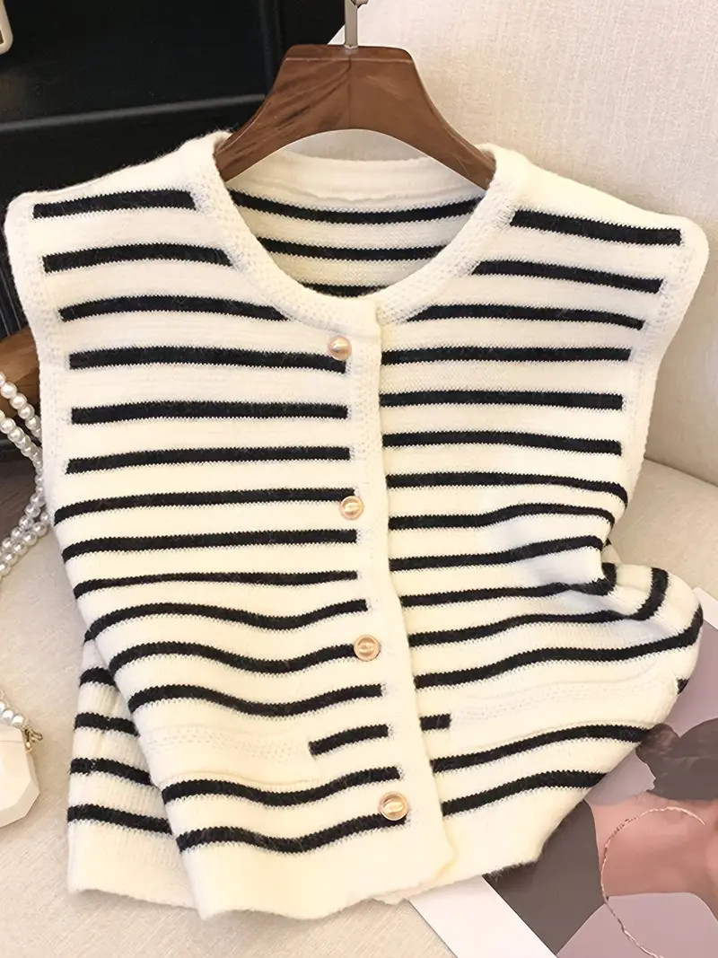 Striped Crew Neck Sweater Vest, Casual Sleeveless Vest For Spring & Fall, Women's Clothing | Temu Affiliate Program