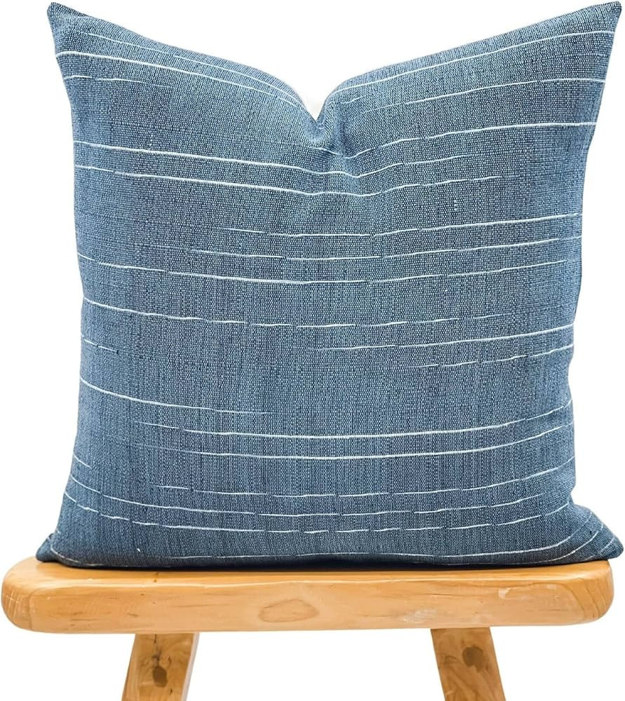 Handwoven Solid Dark Blue Pillow Cover, Dark Blue with White Stripes Throw Pillow Cover, Lumbar P... | Amazon (US)