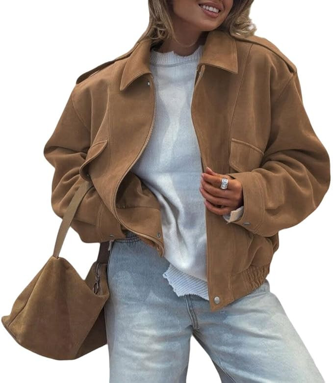 utcoco Women's Faux Suede Jacket Lapel Zip Up Cropped Bomber Jacket Coat Fall Winter Chunky Overc... | Amazon (US)
