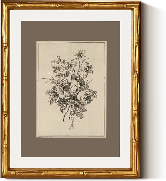 Vintage Floral Drawing Wall Art Classic Black White Flower Sketch, 11x14 Gold Bamboo-Textured Fra... | Amazon (US)