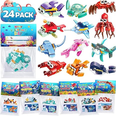 Valentines Day Gifts for Kids - 24 Packs Ocean Animal Building Blocks with Kids Valentines Day Ca... | Amazon (US)