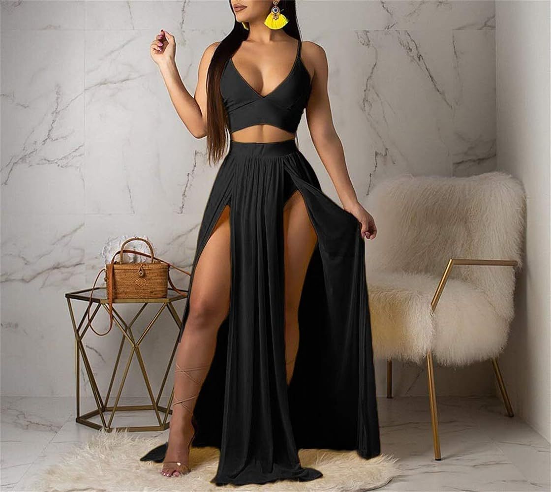 Women Sexy 2 Piece Outfits Dress Chiffon Strap Deep V Neck Bra Crop Top High Split Maxi Dresses Skir | Amazon (US)