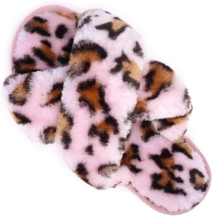 Womens House Fuzzy Slippers Leopard Cross Band Soft Plush Fluffy Slippers Furry Fleece Slip on S... | Amazon (US)