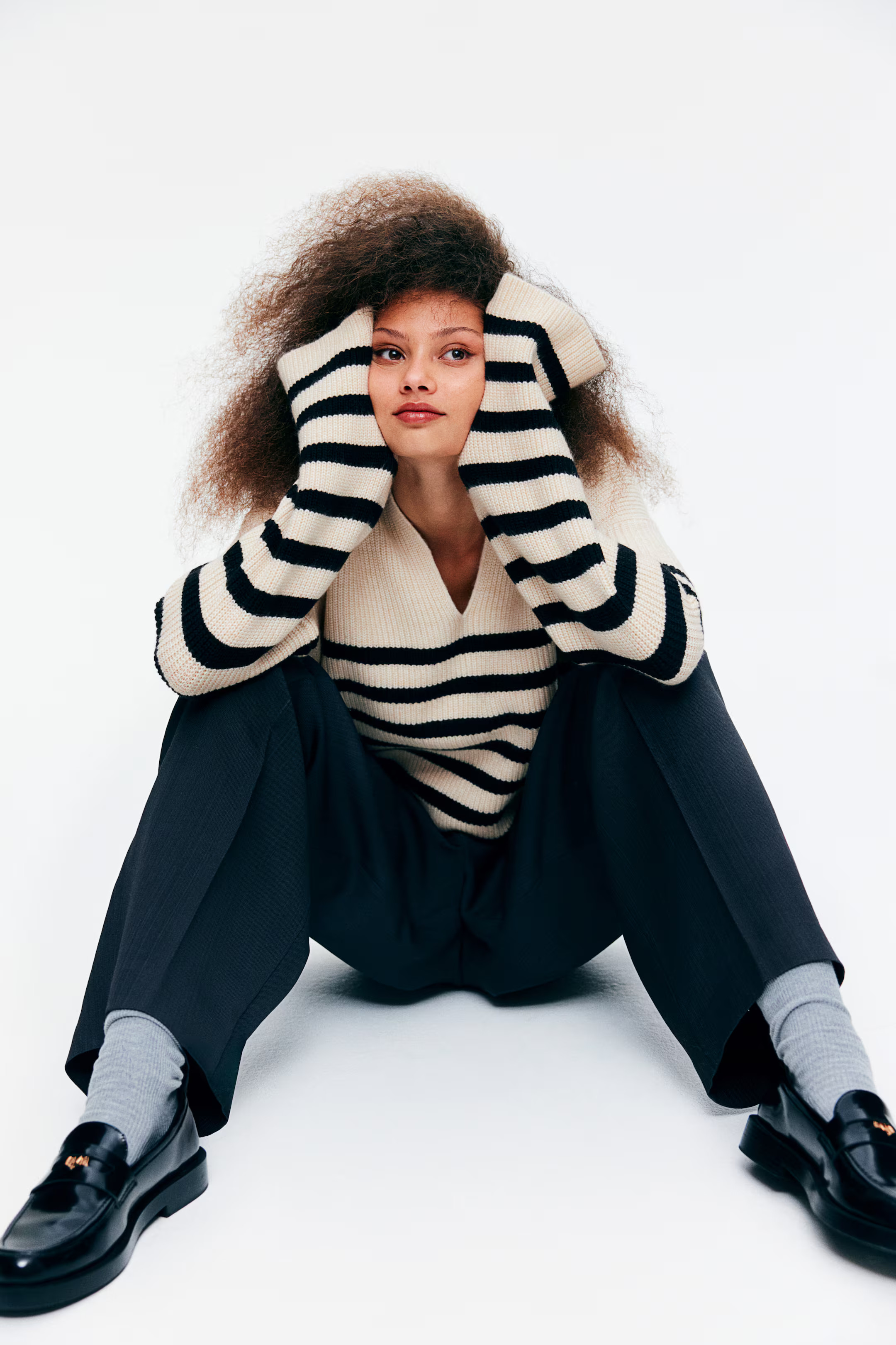 Sweater with Collar - Cream/black striped - Ladies | H&M US | H&M (US + CA)
