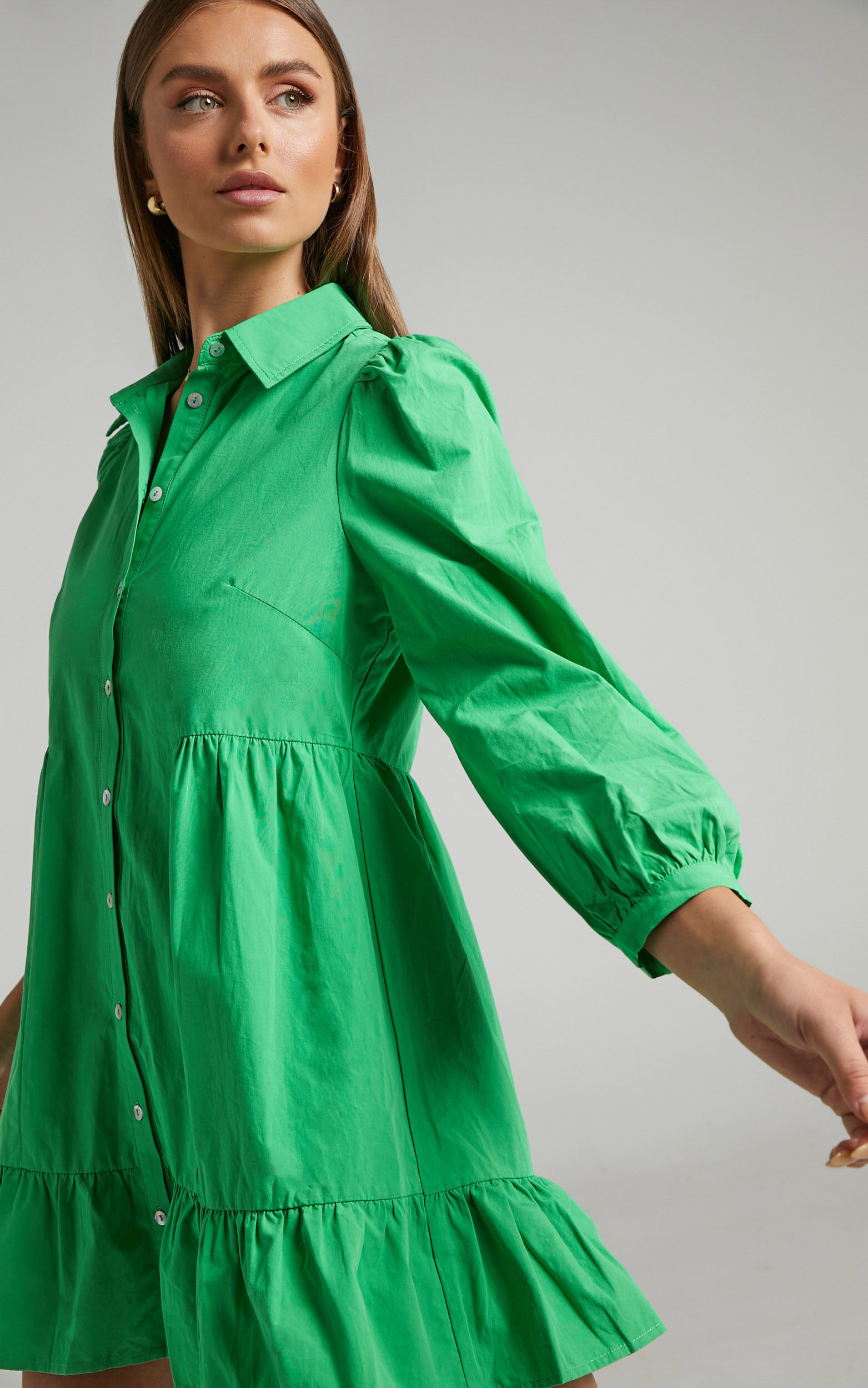Maulee Mini Dress - Frill Hem Shirt Dress in Green | Showpo (US, UK & Europe)