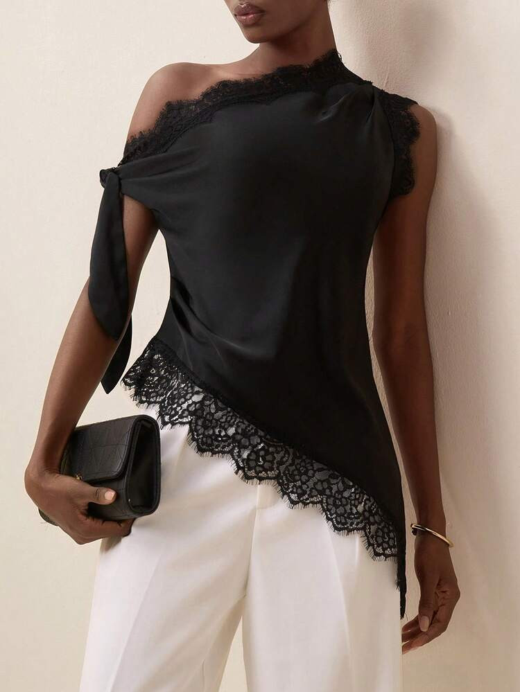 Briarwyn Women's Fashion Black Satin Lace Patchwork Asymmetric Hem Elegant Blouse,Summer Tops Top,Vacation Outfits Women,Work Evening Formal For | SHEIN