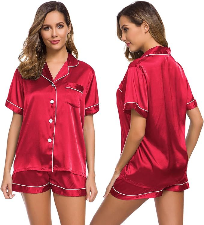 LecGee Womens Silk Satin Pajamas Short Sleeve Loungewear Two-Piece Sleepwear Button-Down Pj Set | Amazon (US)