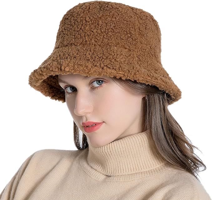 Women Winter Bucket Hat Vintage Cloche Hats Warm Faux Fur Wool Outdoor Fisherman Cap | Amazon (US)