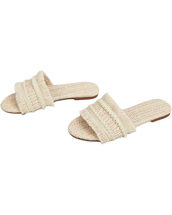 Women's Raffia Sandals Straw Woven Flats Fringe Crochet Nonslip Comfy Beach Slides for Summer | Amazon (US)
