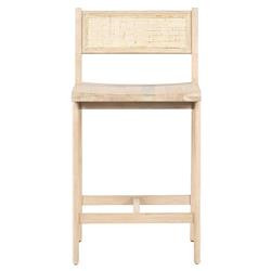 Marina Coastal Beach Whitewash Solid Mango Wood Natural Woven Cane Counter Stool | Kathy Kuo Home