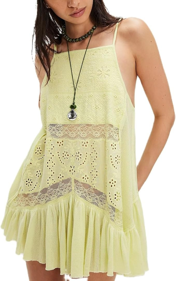 Women Lace Trim Mini Cami Dress Floral Ruffle Flowy Babydoll Dress Boho Spaghetti Strap Loose Sli... | Amazon (US)