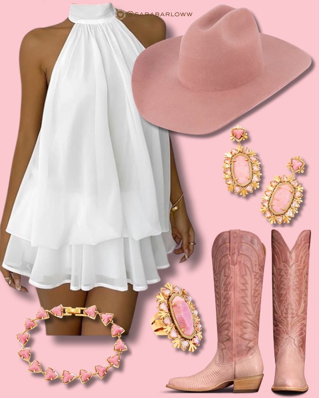 i'm loving pops of color for the spring and summer! this outfit would be perfect for a nashville bachelorette, summer country concert, or just a moment to celebrate all things pink! i'm really loving flowy and dramatic pieces like this super cute and super affordable dress from amazon! the halter cut neckline is stunning and would look perfect paired with this Teddy Cattleman hat from Gigi Pip, accessories from Kendra Scott Yellow Rose, and the most stunning pink boots from Tecovas! would you rock this girly and fun look? 

 #LTKootd #LTKSeasonal #LTKSaleAlert