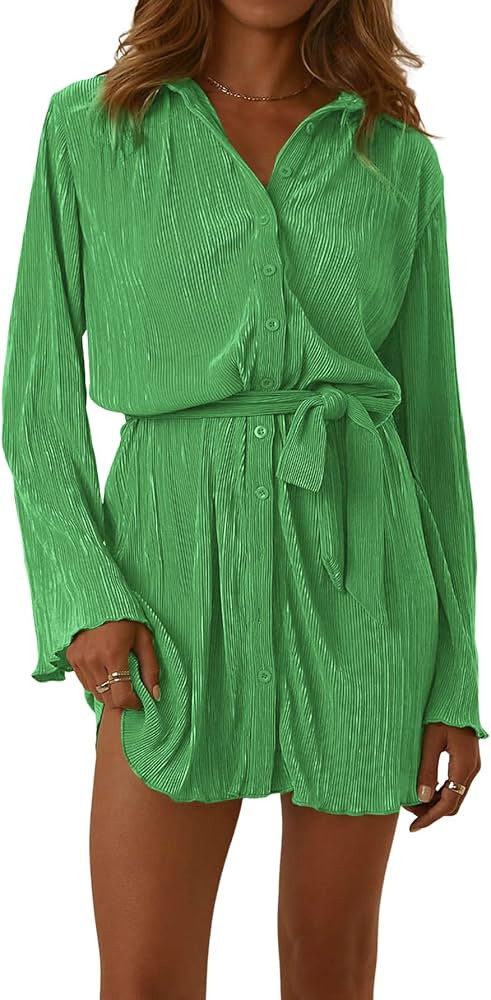 LYANER Women's Collar V Neck Button Down Pleated Long Sleeve Mini Shirt Dress with Belt | Amazon (US)