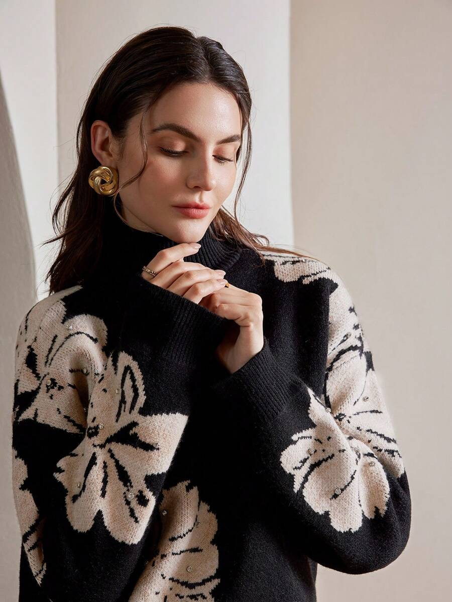 Anewsta Elegant Fashion Floral Studded Women Knitted Sweater, Suitable For Work Commute | SHEIN