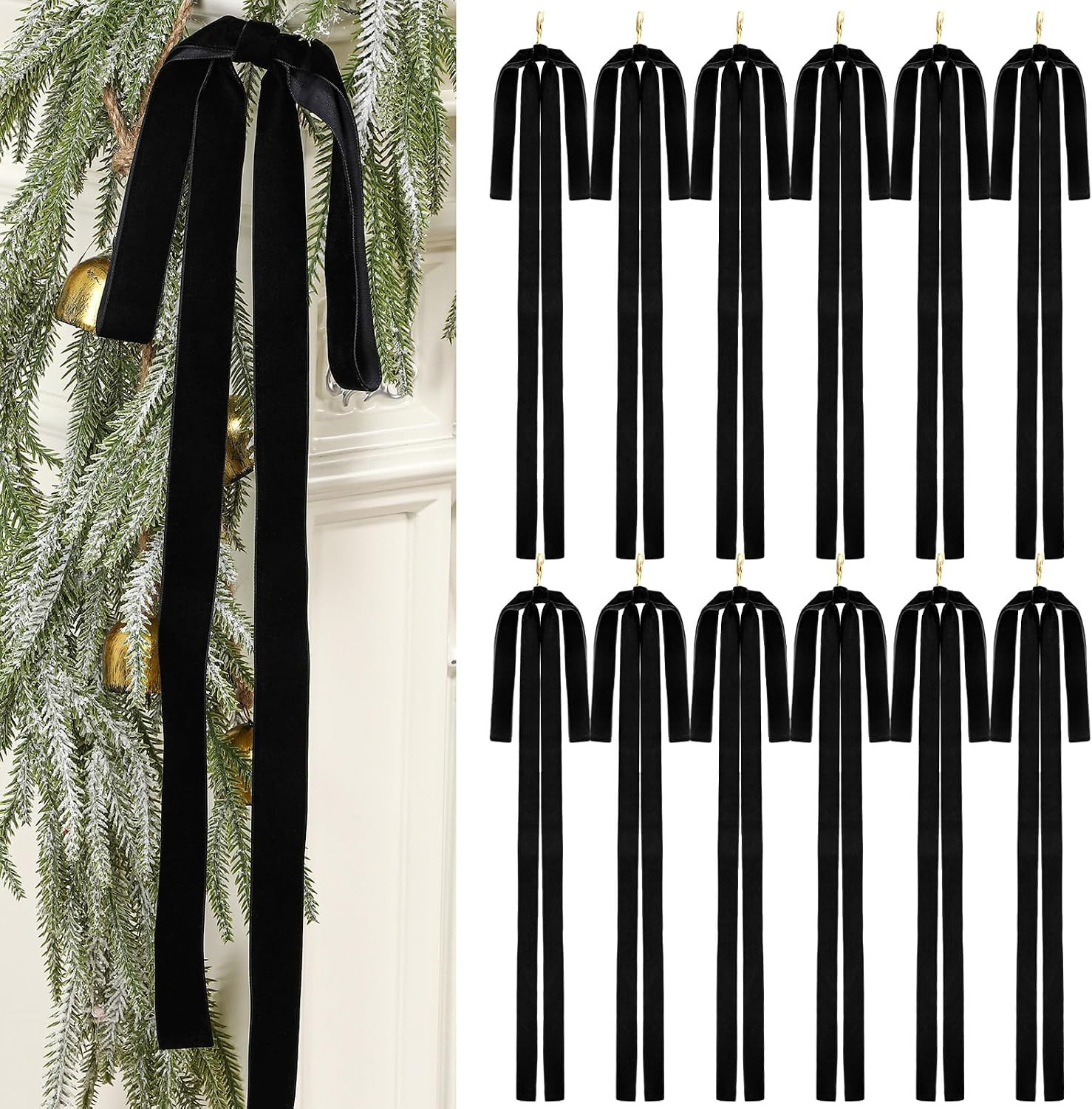 Janinka 6 Pcs Long Black Christmas Velvet Bow Ornament Vintage Tree Decor | Amazon (US)