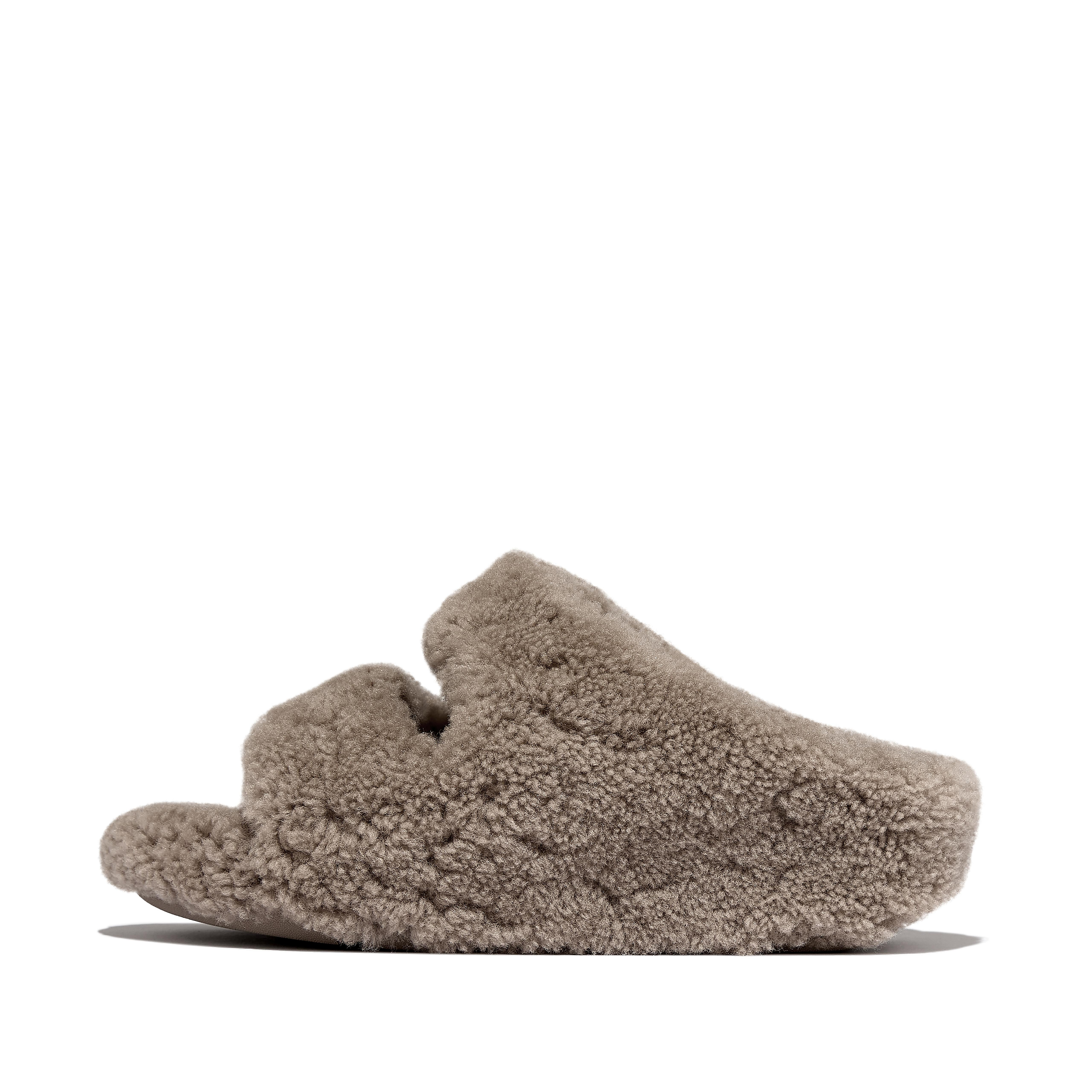 FitFlop SHUV Curly-Shearling Two-Bar Slides, Full Price, Taupe, Size: US 11 | FitFlop (US)