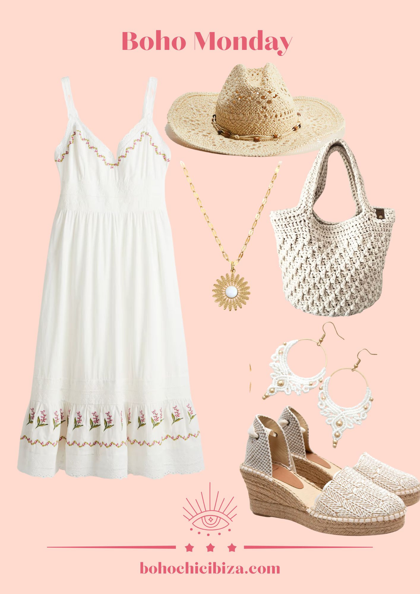 Boho Monday ‪‪❤︎‬
- Embroidered cotton dress
- Straw cowboy hat
- Big Macrame Earrings
- Lace up Espadrilles
- Necklace With Flower Pendant
- Crochet Bag  

 #LTKsummer #LTKstyletip #LTKvestidos