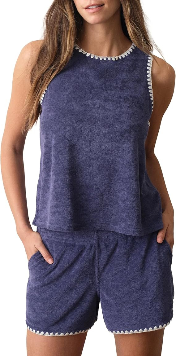 Womens Whipstitch Trim 2 Piece Outfits Causal Sleeveless Tank Top Shorts Set for Summer Daily Vac... | Amazon (US)