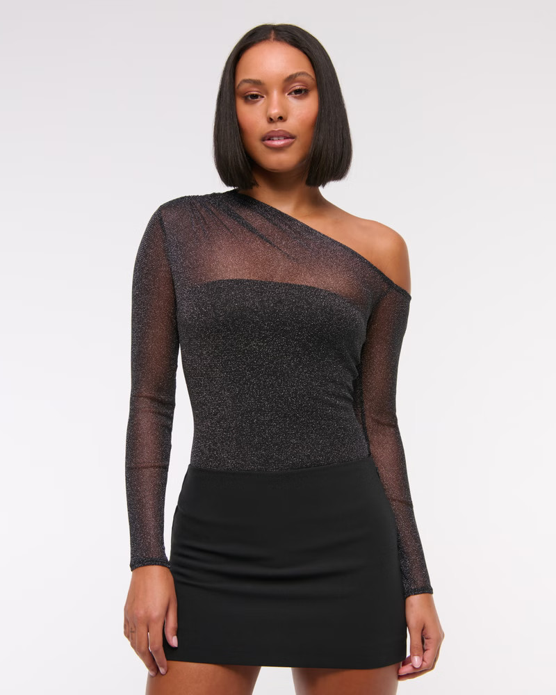 Women's Long-Sleeve Asymmetrical Draped Mesh Bodysuit | Women's 25% Off Select Styles | Abercromb... | Abercrombie & Fitch (US)