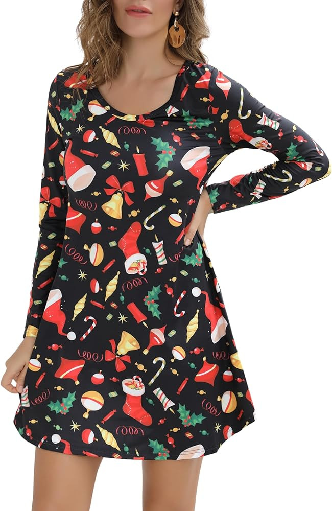 Aphratti Women's Long Sleeve Funny Christmas Printed Holiday Dress Casual Tunic Tops to Wear with... | Amazon (US)