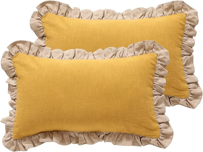 patdrea Yellow Shabby Chic Decorative Throw Pillow Covers 12x20 Set of 2,Farmhouse Linen Pillow C... | Amazon (US)