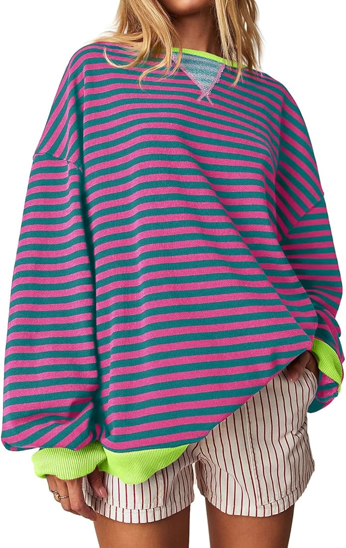 Fisoew Womens Striped Oversized Sweatshirt Color Block Crew Neck Long Sleeve Shirt Casual Loose P... | Amazon (US)