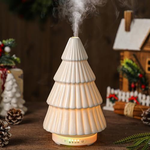 Rossesay Christmas Essential Oil Diffuser Gifts Ceramic 120ml Christmas Tree Diffuser for Essential Oil Cute Small Aromatherapy Humidifier for Home Office Holiday Decorations(White) | Amazon (US)