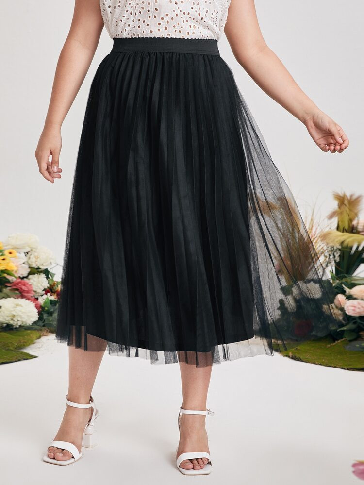 SHEIN Plus Mesh Overlay Pleated Skirt | SHEIN