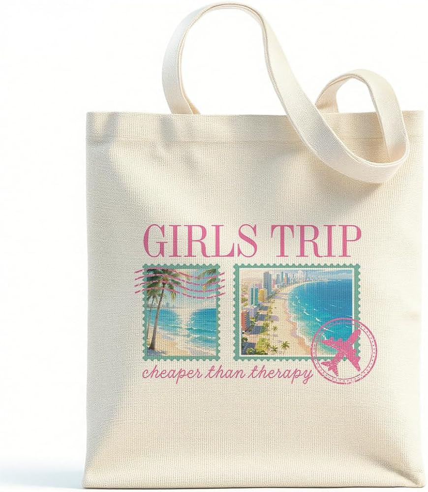 Girl Trip Cheaper Than Therapy Women Canvas Tote Bag, Retro Beach Postcard Stamp Design Reusable ... | Amazon (US)