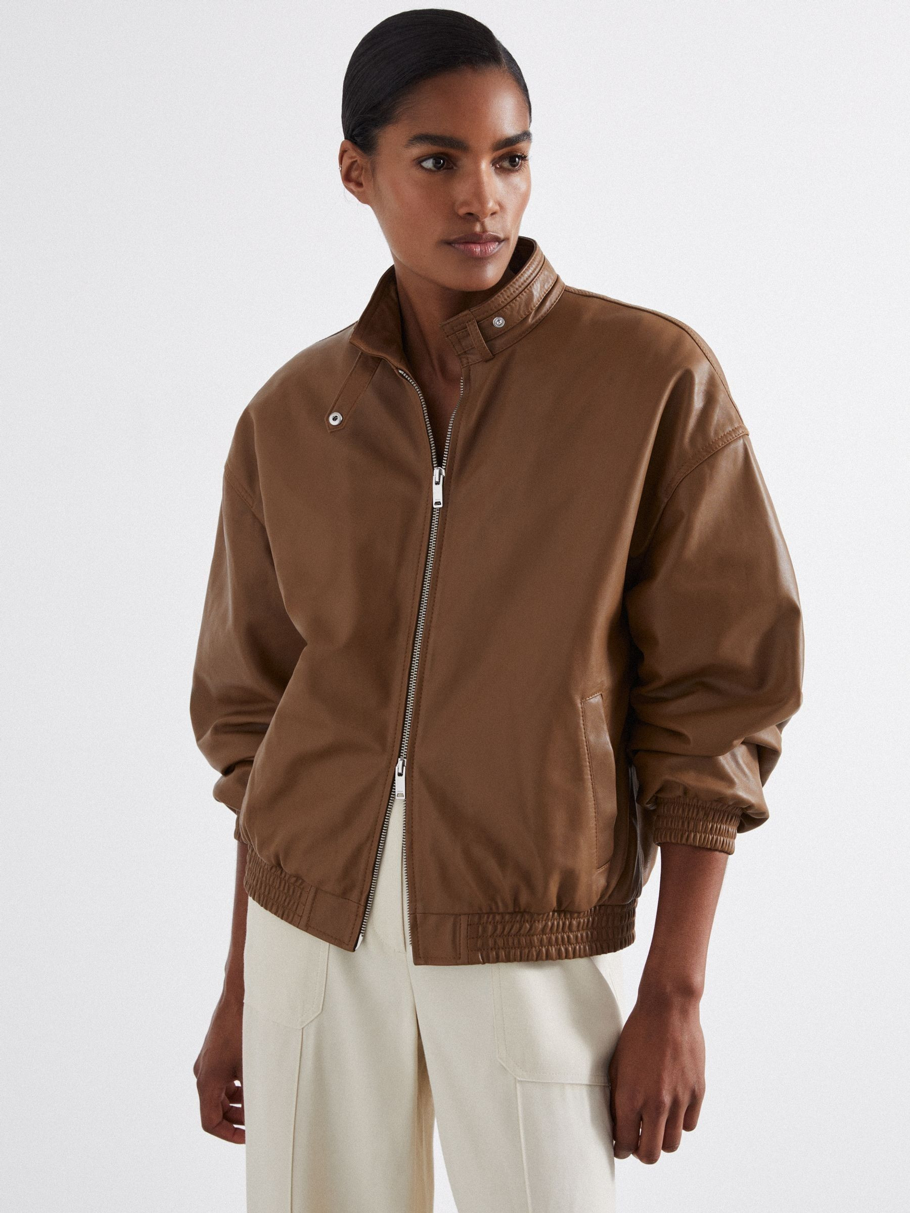 Reiss Atelier Leather Latched-Collar Bomber Jacket in Tan - REISS | Reiss UK