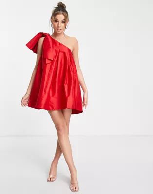 Ever New oversized bow one shoulder mini dress in red | ASOS (Global)