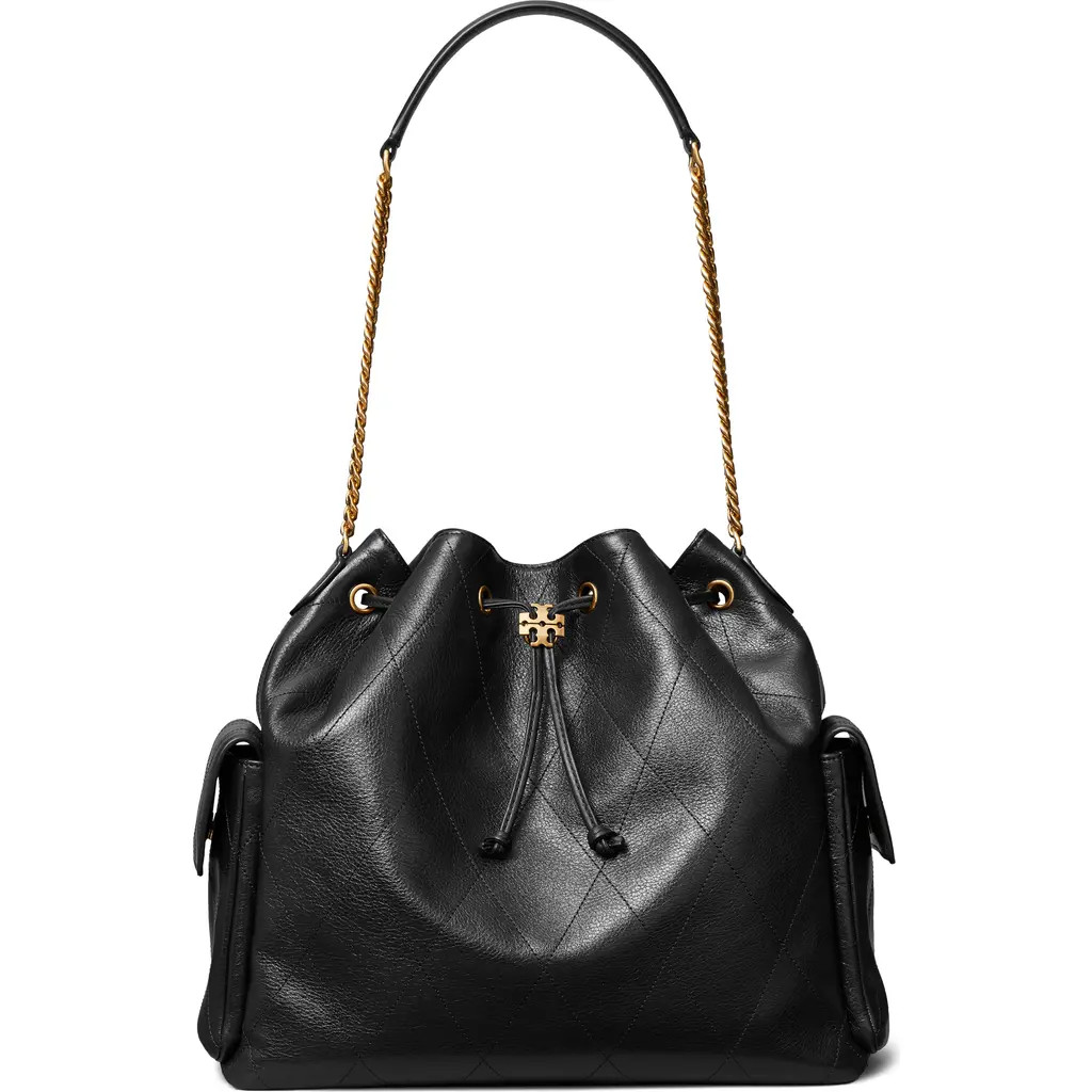 Tory Burch Large Charlie Quilted Leather Drawstring Shoulder Bag in Black at Nordstrom | Nordstrom