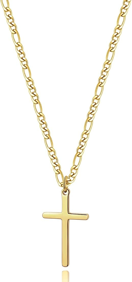 14K Gold Filled Cross Necklace for Men Figaro Chain Stainless Steel Plain Polished Cross Pendant ... | Amazon (US)