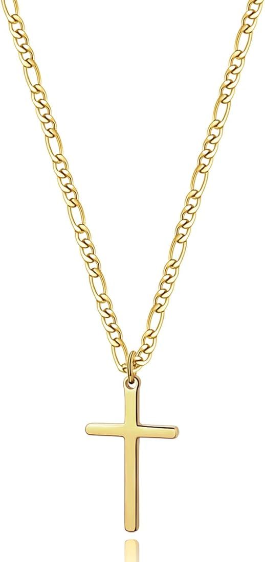 14K Gold Filled Cross Necklace for Men Figaro Chain Stainless Steel Plain Polished Cross Pendant ... | Amazon (US)
