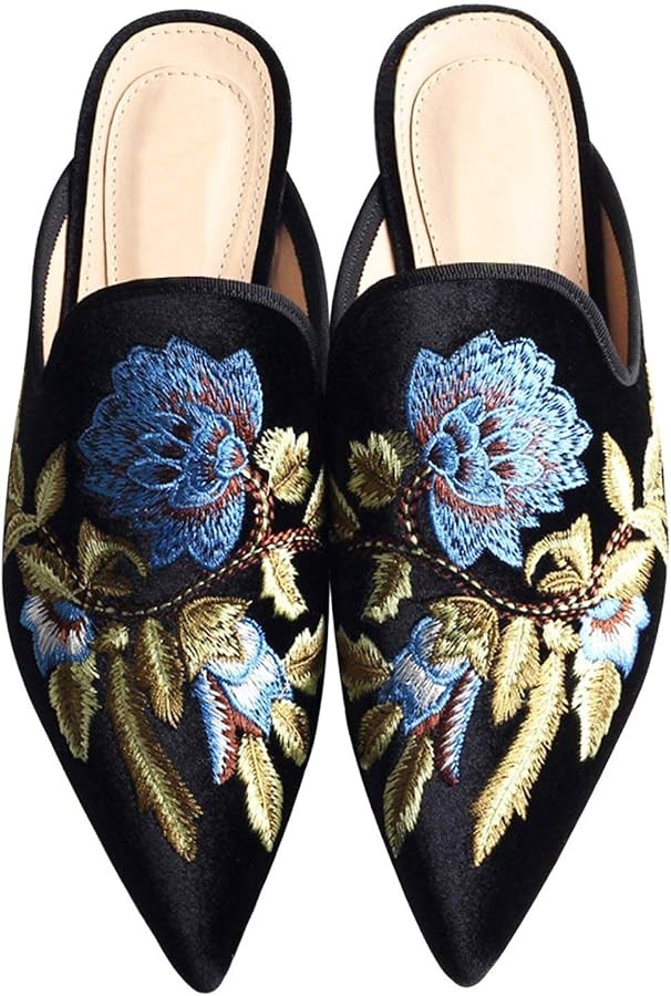 Fericzot Women's Velvet Backless Pointed Toe Slip On Loafers Flats Embroidery Mule Slippers Shoes | Amazon (US)