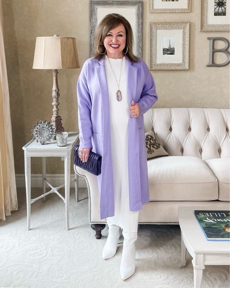 I love this sweater coat! It can be worn as a coat or as just part of your outfit. I have it as part of my white sweater dress outfit. I can keep it on or take it off if it gets too warm. I love the pop of color with a monochrome outfit.

#LTKstyletip #LTKfindsunder50 #LTKover40